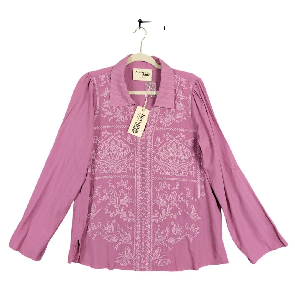 NWT SAVANNA JANE Purple Floral Embroidered Collared Feminine Top SIZE SMALL